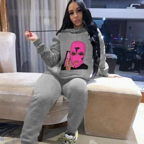 2 Piece Set Women Hodies Sweatshirt Tops And Pants Outfits Autumn Winter Pink Face Print Fashion Streetwear Tracksuit Lounge Set