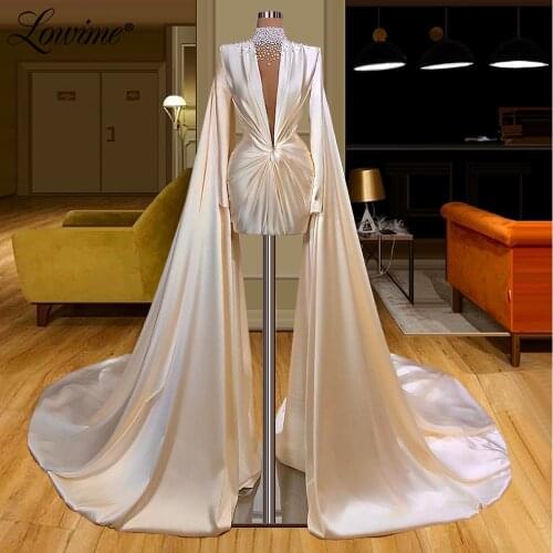 Dubai Design Long Sleeves Short Evening Dresses 2021 Newest Customized Pearls Beading Arabic Wedding Party Dress Turkish Kaftans
