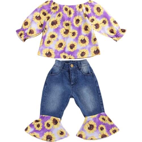 Childrens Off Shoulder Suit, Girls' Long Sleeve Top Long Flared Jeans Trousers Set for Spring, Autumn