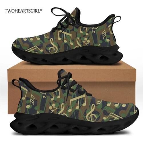 Twoheartsgirl Hot Sale Shoes Men Sneakers Army Green Camouflage with Music Note Design Lace UP Flats for Boys Man cCasual Shoe