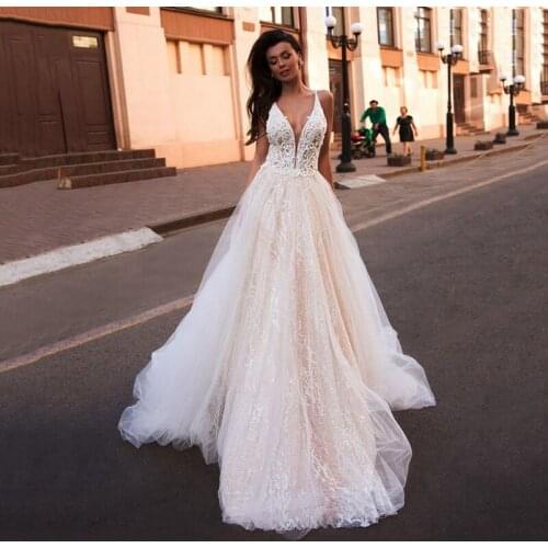 Lace Bridal Dress Sexy V Neck Backless Lace Appliques Boho Bridal Gown Princess Wedding Dress Plus Size vestido de noiva