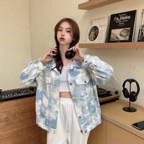 Tie dye Blue Denim Jacket Women Spring Autumn Casual Button Long Sleeve Boyfriend Loose Jacket Jean Outwear Oversize Female Coat