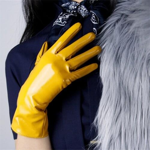 28cm Patent Leather Gloves Warm Medium And Long Section Emulation Leather Bright Black Lined Bright Yellow Ginger Yellow Gloves