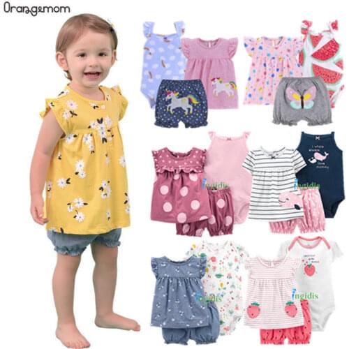 Summer Dresses 2021 Baby Girl Clothing Set Cotton Home For Baby Girl Clothes , 15 Colours Short Unicorn Infant Clothing Suit
