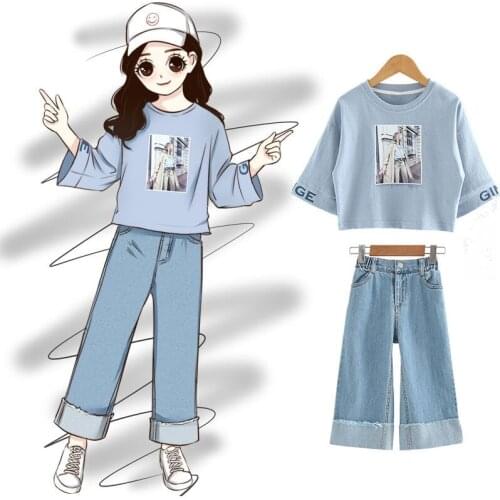 Fashion net red Cartoon girl Outfits Clothing-Set teens girl white blue Sweatshirt and jeans suits girl christmas outfits