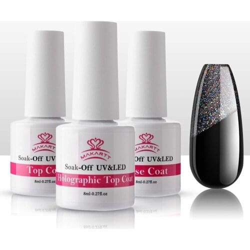 Makartt Holographic No Wipe Top Base Coat Set Soak Off UV LED Gel Nail Polish Glitter Mirror Top Base Coat Poly Nail Gel Shine