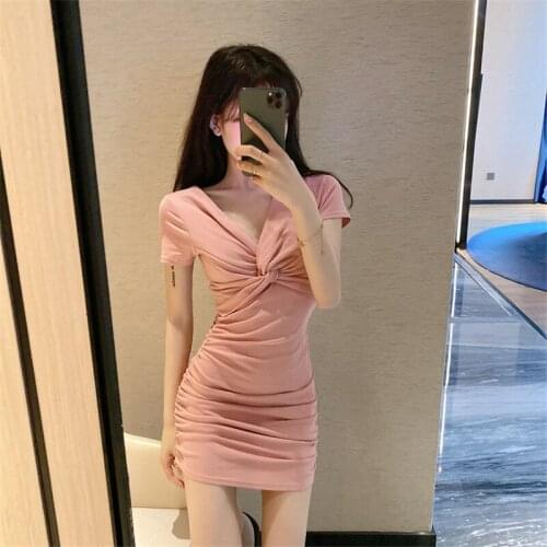 Short-sleeved V-neck bag hip slim slimming sexy dress 2020 new fashion summer retro sweet beauty dress wild short dress