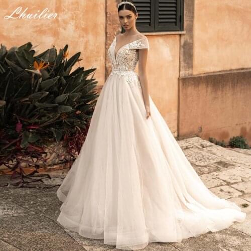 Lhuilier A-line V-neck Wedding Dresses 2020 Lace Appliques Off the Shoudler Beaded Lace Appliques Bridal Dress Court Train