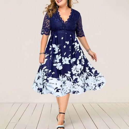 Plus Size 6XL Elegant Women Dress Lace Floral Printted Vestido Casual Party Autumn Dress Women Fashion office Dress D25