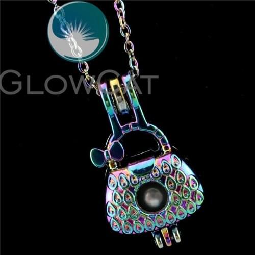 R-C778 Rainbow Colors Girl Handbag Wallet Beads Cage Pendant Perfume Diffuser Aromatherapy Pearl Cage Locket Necklace