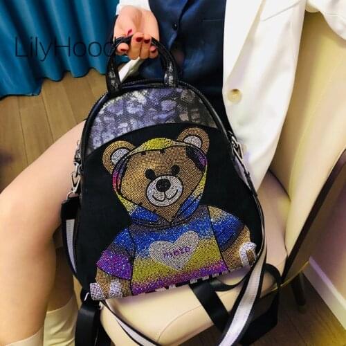 Female Cute Rhinestone Bear Pattern Backpack Women Teenager Fashion Japanese Style Kawaii Diamonds School Book Knapsack Bag