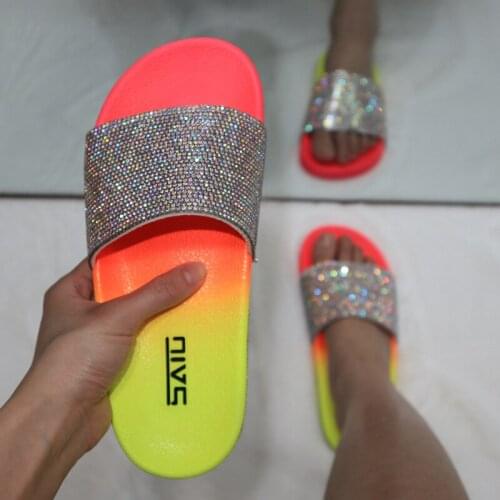 Rhinestone Bling Beach Slides Women Slippers Flip Flops Summer Casual Shoes Crystal Sandals Slip On Footwear Zapatillas Mujer