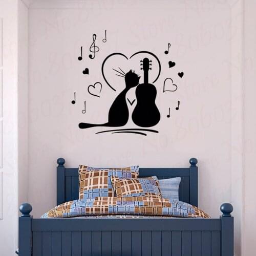Animal Vinyl Cat Loves Music Wall Sticker Art Home Decor Living Room Removable Wallpaper Decoration WL1480