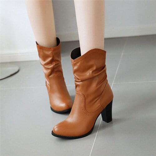YMECHIC 2019 Concise Block High Heels Western Cowboy Boots Pleated Brown Black Womens Shoes Autumn Winter Ankle Boots Bootie