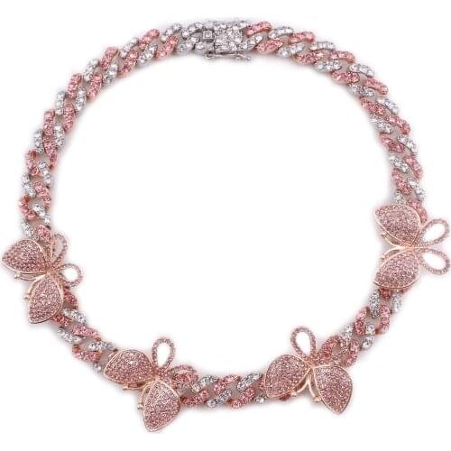 4pcs butterfly pendant charms necklace women hip hop miami cuban curb link chain iced out pink rose gold rapper punk jewelry cz