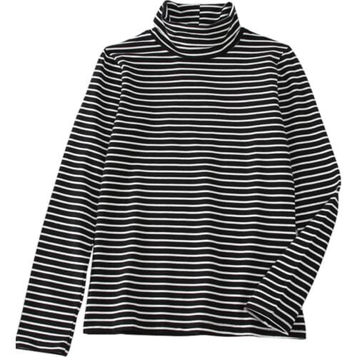 Womens T-shirts Korean Harajuku Female Student Casual Women t-shirt 2021 Spring stripe slim black t shirt Long sleeve white top
