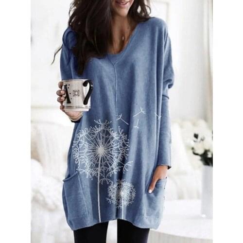 V-Neck Long Sleeve Printing Loose Casual T-Shirt Womens 2021 Spring Autumn Pocket Tops Plus Size 5xl Ladies Mid-Length Pullover