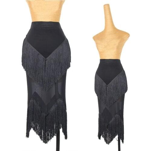 Latin Dance Skirt Women Tassel Practice Clothes Medium Long Skirt Performance Latin Dance Dress Sexy Black Fringe Skirt DNV14474