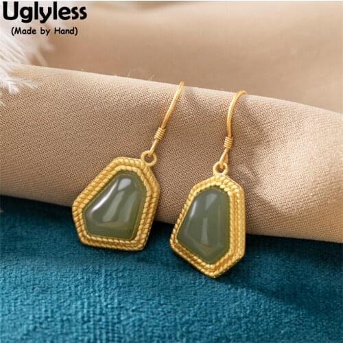 Uglyless Hexagon Irregular Geometric Earrings for Women Natural Hotan Green Jade Earrings Twist Brincos Gold 925 Silver Jewelry