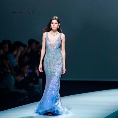 Lemon joyce Formal Evening Dresses Long 2020 for Women V-neck Beading Sexy Illusion Party Gowns Plus Size