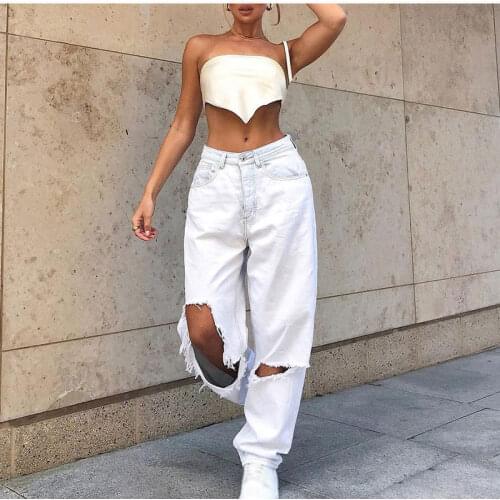 Women Vintage Y2k Low Rise Loose Wide Leg Trousers Harajuku White Ripped Hole Baggy Denim Pants 2021 Boyfriend Straight Jeans