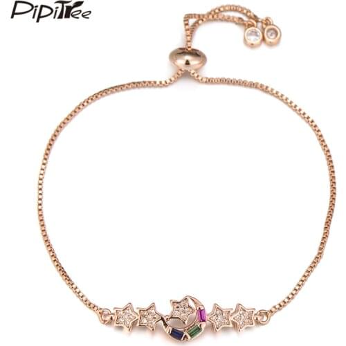 Pipitree Women Lady Lovers Moon and Stars Charm Bracelet Copper Cubic Zirconia Slider Chain Bracelets Party Wedding CZ Jewelry
