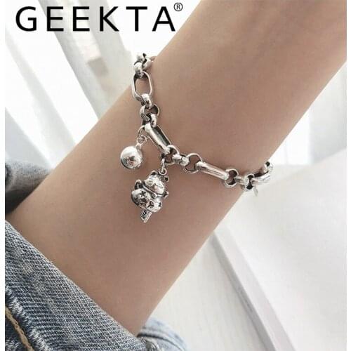 Silver Color Cute Lucky Cats Bracelet for Women New Fashion Vintage Thai Silver Thick Chain Birthday Jewelry Gift
