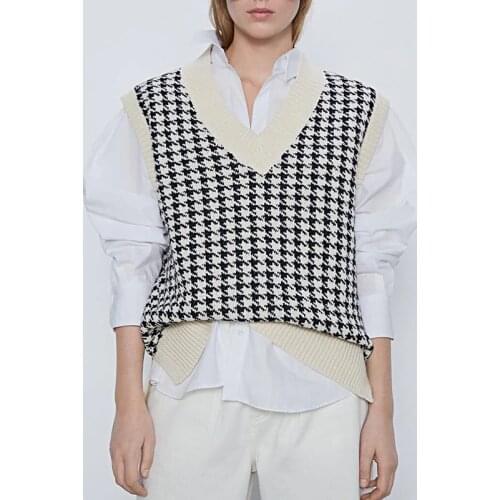 Women 2020 fashion oversized knitted vest sweater V neck sleeveless houndstooth loose female waistcoat chic tops