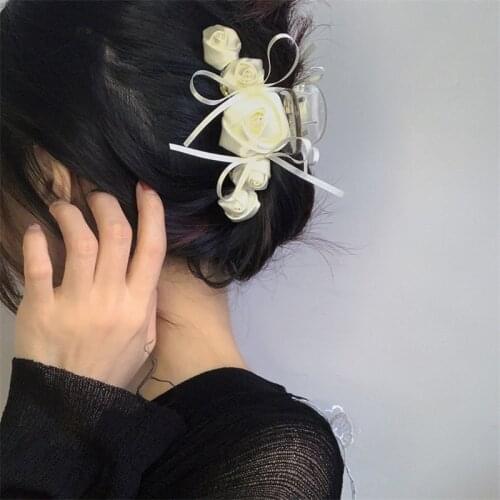 New Korean White Cloth Rose Flower Big Hair Claws For Women Hair Accessories Tools Holder Clips Wholesale
