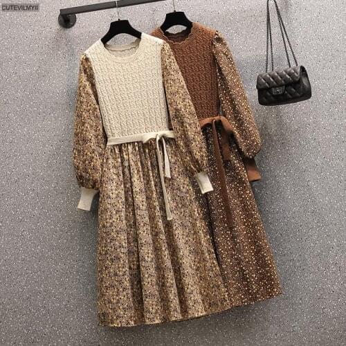 Women Winter Spring Floral Print Patchwork Faux Two Piece Knit Sweater Dress 0408