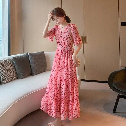2021 Vintage Pink Print Chiffon Vacation Midi Dresses Spring Summer Plus Size Runway Dress Elegant Women Bodycon Party Vestidos