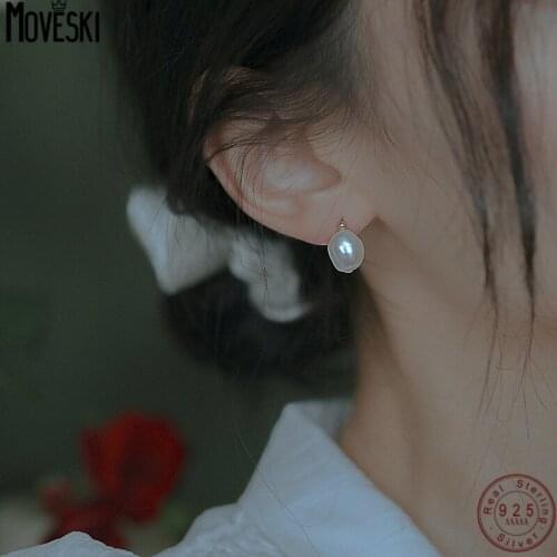 MOVESKI 925 Sterling Silver Baroque Pearl Earrings Women Simple Temperament Retro Natural Freshwater Pearl Jewelry