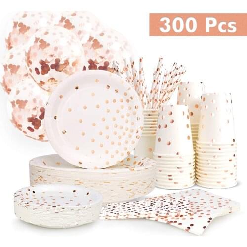 300PCS Rose Gold Paper Party Supplies Disposable Paper Plate Cutlery Set Rose Gold Dot Hot Stamping Plate