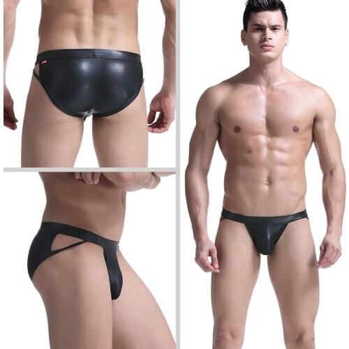 AIIOU Gay Sexy Underwear Jockstrap Black Faux Pu Leather Thongs Men Low Rise Penis Pouch Panties Gym Briefs Hot Sale Underpants