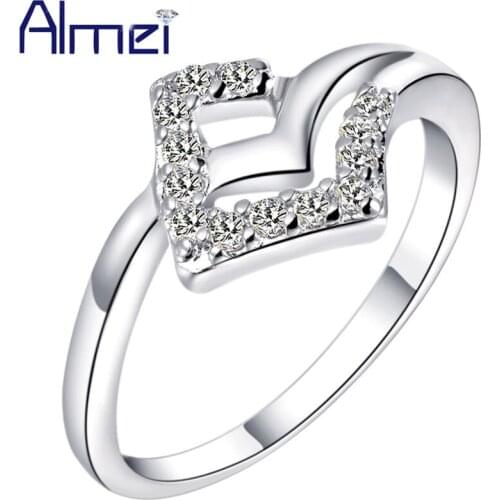 Almei Silver Color Ring CZ Zircon Micro Pave New Bijoux Fashion Korean Rhombus Crystal Rings for Women Bijoux J369