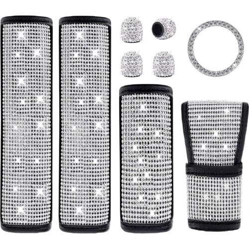 Bling Car Accessories Set, Seat Belt Covers, Rhinestones Gear Shift Cover,Handbrake Cover,Engine Sticker,Valve Stem Caps