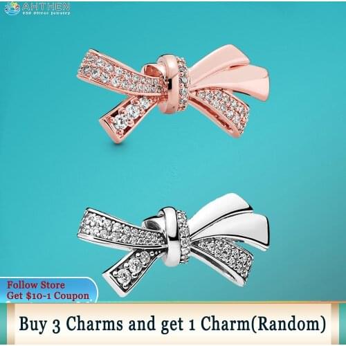 Ahthen 925 Sterling Silver Beads Pink Mothers Love Bow Ribbon Bead Charms fit Original Pandora Bracelets Women DIY Jewelry