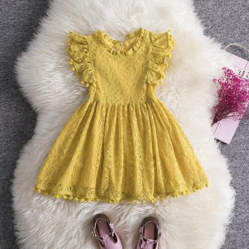 Childrens Clothing Womens Spring and Autumn Dress Hollow Lace Ball Flounced Sleeve Children Princess Hollow-out Dress