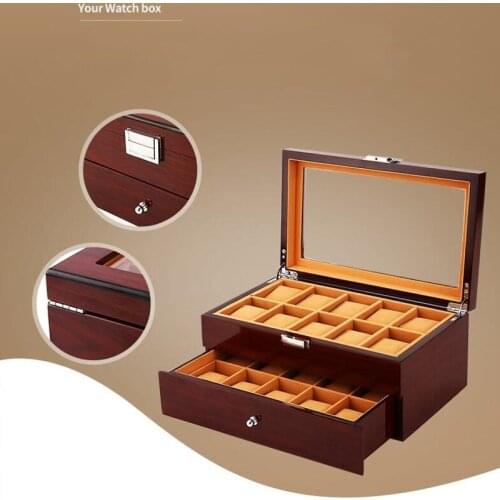 20 Grids Double Layer Retro Watch Box Wooden Sandalwood Watch Case Boxes Storage Organizer with Drawer Window for Watch Gift