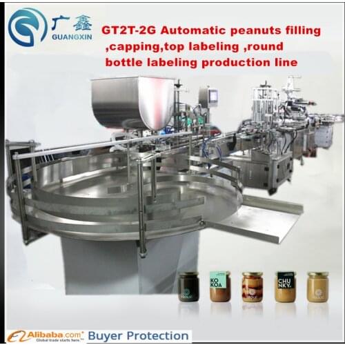 GT2T-2G Automatic peanut Filling capping top labeling and roung bottle labeling with feed table and collection table whole line