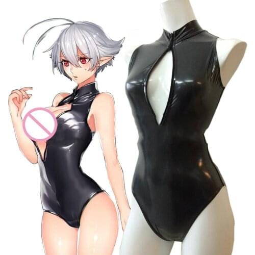 Gothic Women Faux Leather Bodysuit Sexy 2 Way Zipper Jumpsuit Erotic Open Bust Leotard Cute Lolita Girls Anime Cosplay Costumes
