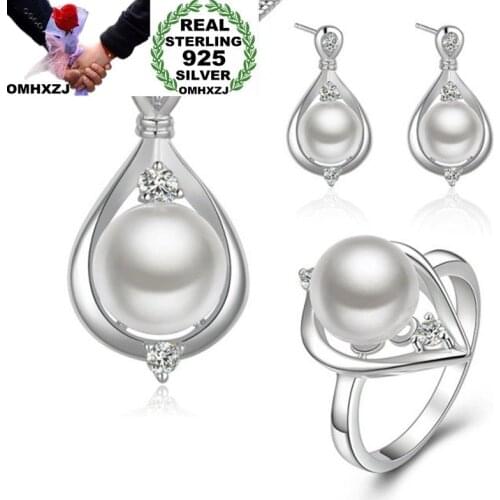 OMHXZJ Wholesale European Fashion Woman Girl Party Wedding Gift 925 Sterling Silver Stud Earrings+Ring+Necklace Jewelry Set JE05