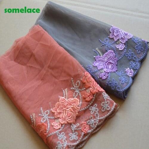 2Yds/lot 25cm Wide Pink,Gray Gazue Fluorescent Pink,Purple Floral Embroidery Lace Trim For Garments And Wedding20200920