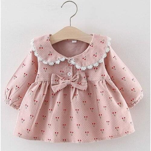 Baby Girl Cute DressClothes 2021 Newborn Baby Autumn Kids Solid Cherry Print Dresses with Bowknot Princess Dress Baby Clothing