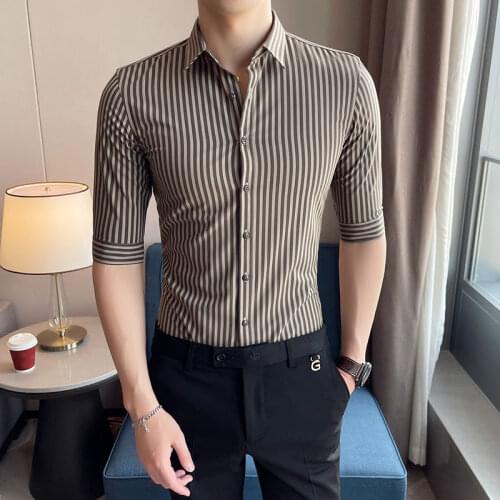 2021 new mens high-end middle-sleeved shirt spring summer fashion business casual striped slim-fit shirt single-breasted shirt