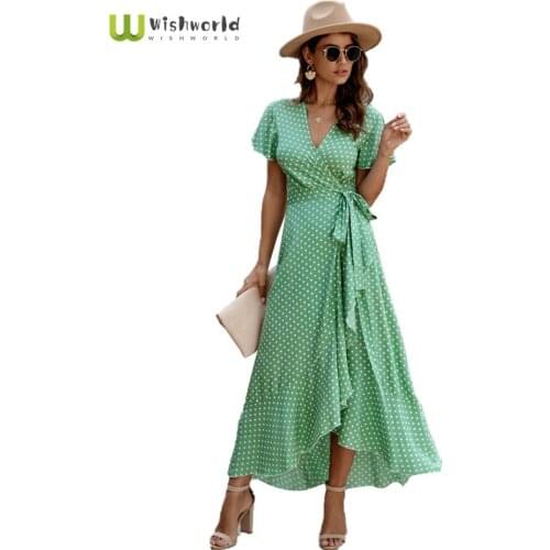 Wishworld 2021 New V-neck Wave Point Printing Ruffle Chiffon Dress Fashion Womens Loose Skirt Bow Decoration Party Dresses