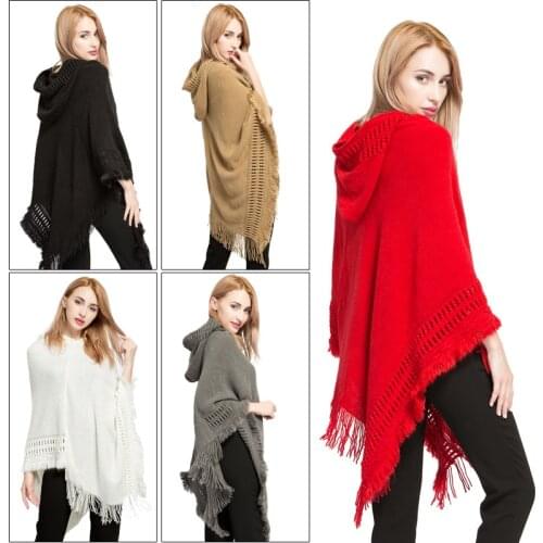 New Tassel Cape Coat with Hood Fringe Poncho Shawl Scarf Cloak For Women Solid Color Loose Knitting Pullovers Warm Knitwear