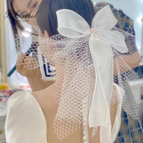 PEORCHID Korean Style Head Piece Clips Stain Beaded Short Mesh Veil Bridal Hairclips Women Accessoire Cheveux Mariage 2021