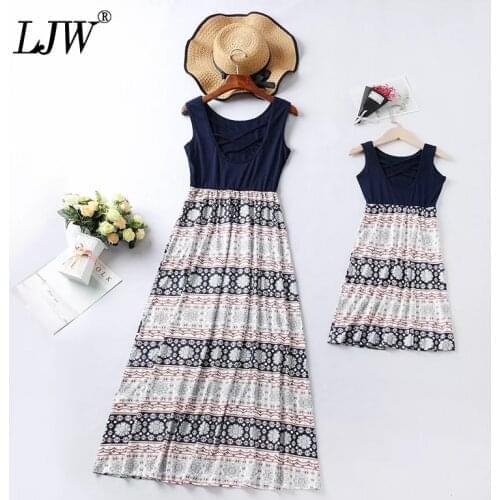 Mother and daughter dress summer family matching clothes floral mother and daughter wear back hollow cross dress