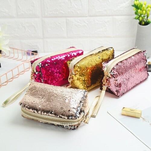 Portable Cosmetic Bags Sequin Fashion Zipper Storage Bag Travel Casual Women Solid Color Bags Case